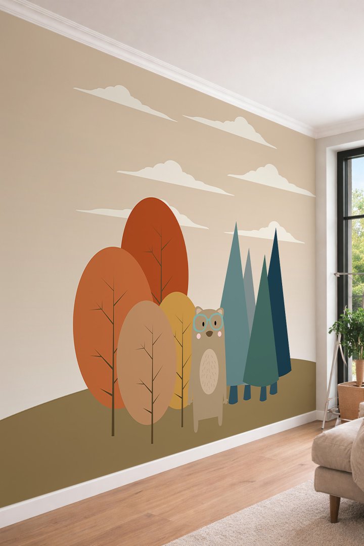 Dreamwall Çocuk Odası İskandinav Tarzı Gözlüklü Ayıcık ve Renkli Ağaçlar Temalı Tekstil Duvar Kağıdı