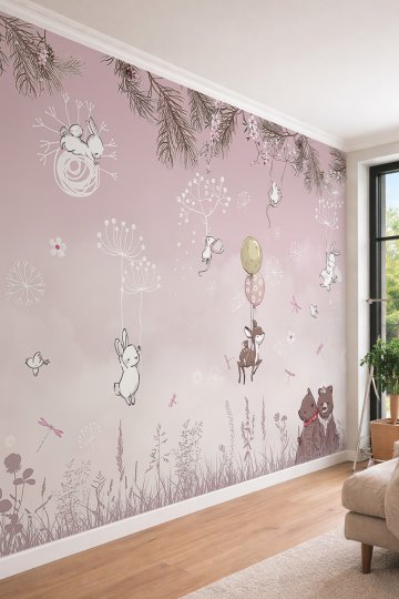 Dreamwall Çocuk Odası Masalsı Uçan Tavşan ve Geyik Figürlü Tek Parça Tekstil Duvar Kağıdı