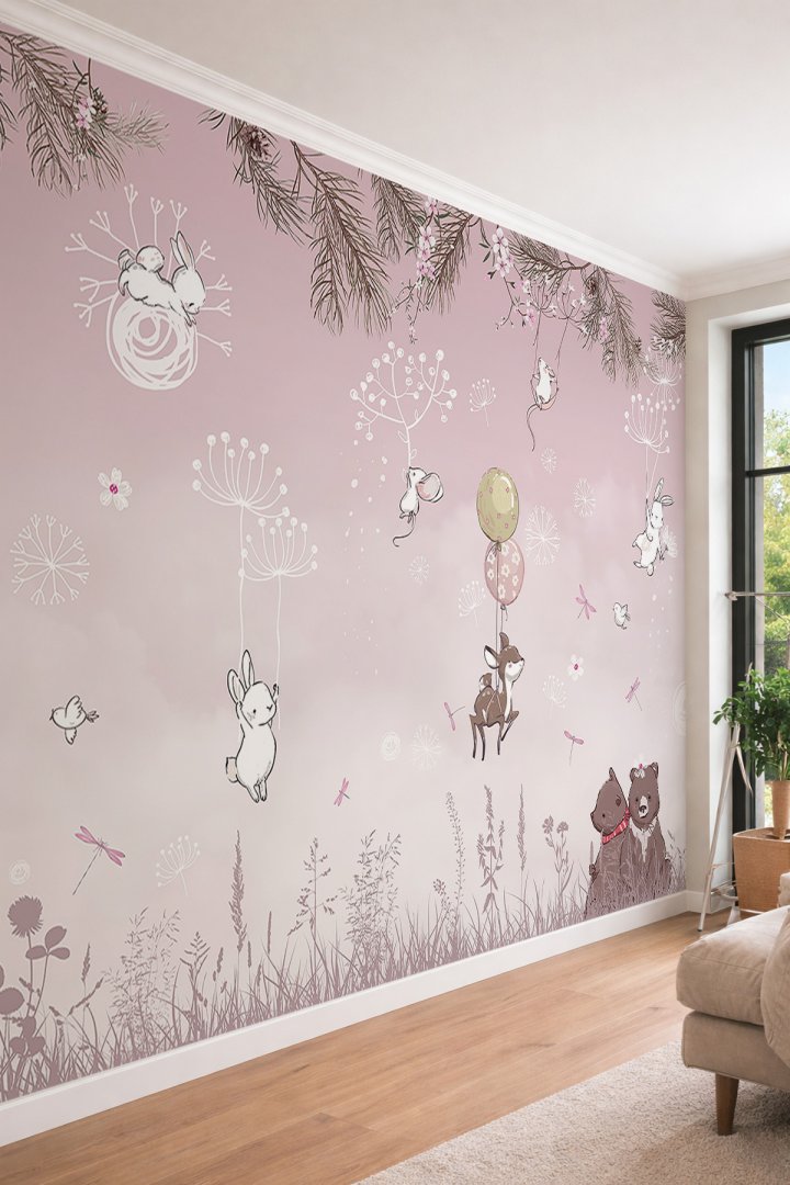 Dreamwall Çocuk Odası Masalsı Uçan Tavşan ve Geyik Figürlü Tek Parça Tekstil Duvar Kağıdı
