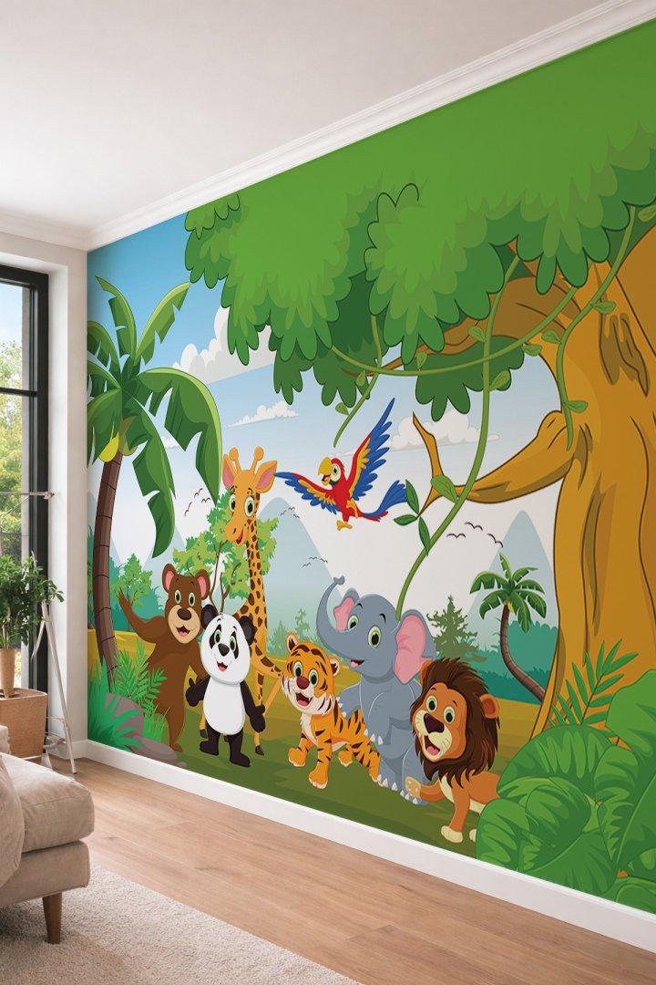 Dreamwall Çocuk Odası Safari Hayvanları Temalı Eğitici ve Renkli Tek Parça Tekstil Duvar Kağıdı