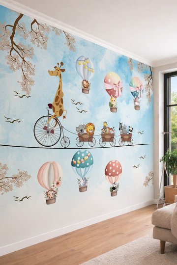 Dreamwall Çocuk Odası Temalı Uçan Balonlu ve Hayvan Figürlü Tek Parça Tekstil Duvar Kağıdı