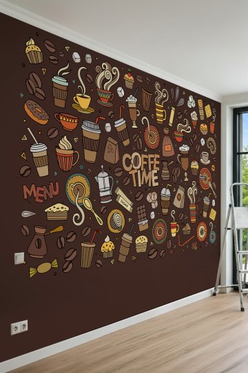 Dreamwall "COFFEE TIME", Kahve Fincanları ve Desenli Çizimler Motifli Tek Parça Tekstil Duvar Kağıdı