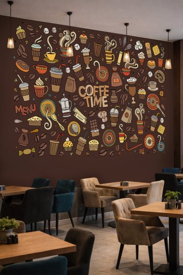 Dreamwall "COFFEE TIME", Kahve Fincanları ve Desenli Çizimler Motifli Tek Parça Tekstil Duvar Kağıdı küçük görsel 2