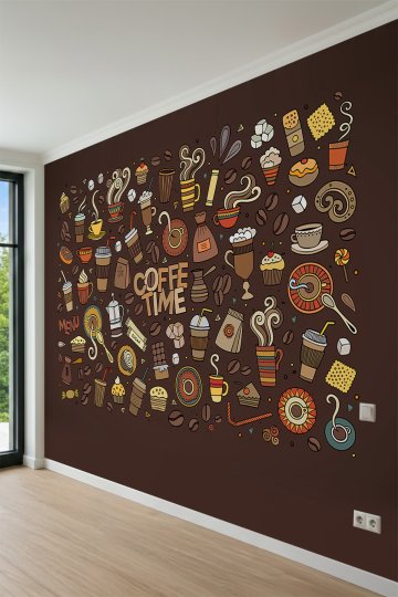 Dreamwall "COFFEE TIME", Kahve Fincanları ve Desenli Çizimler Motifli Tek Parça Tekstil Duvar Kağıdı küçük görsel 5