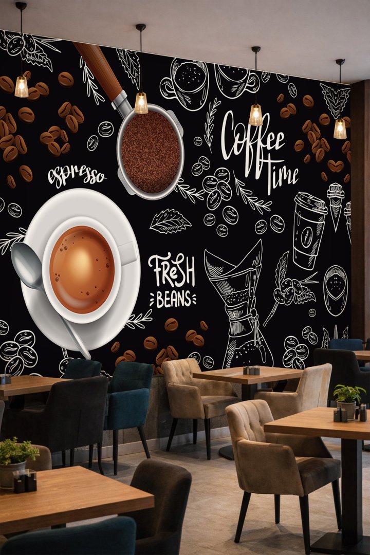 Dreamwall Coffee Time Temalı Modern Tek Parça Tekstil Duvar Kağıdı - Kafe ve Mutfak