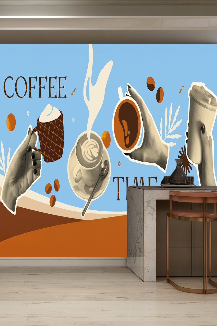 Dreamwall Coffee Time Yazılı Kahve Bardakları Cafe Temalı Tekstil Duvar Kağıdı