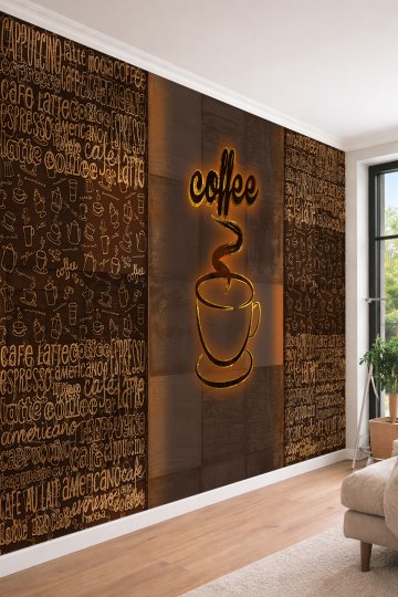 Dreamwall Coffee Tipografi Desenli Neon Efektli Tek Parça Tekstil Duvar Kağıdı