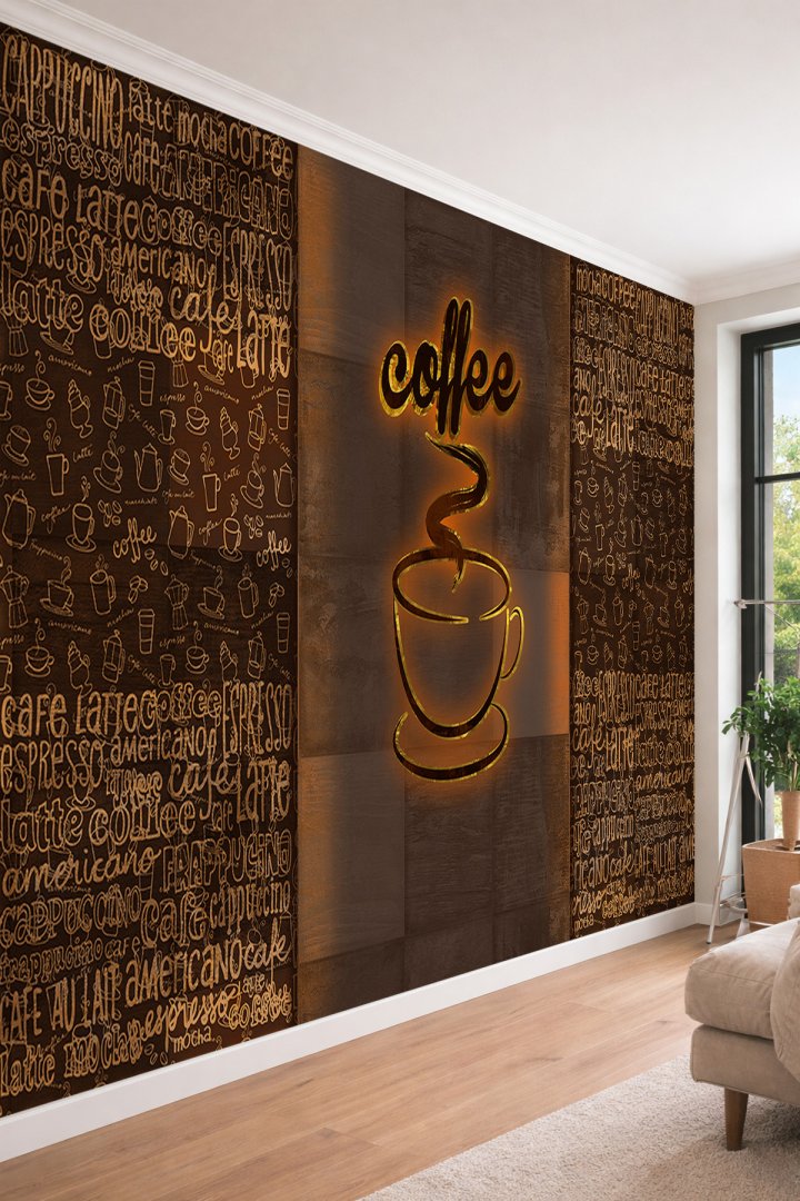 Dreamwall Coffee Tipografi Desenli Neon Efektli Tek Parça Tekstil Duvar Kağıdı