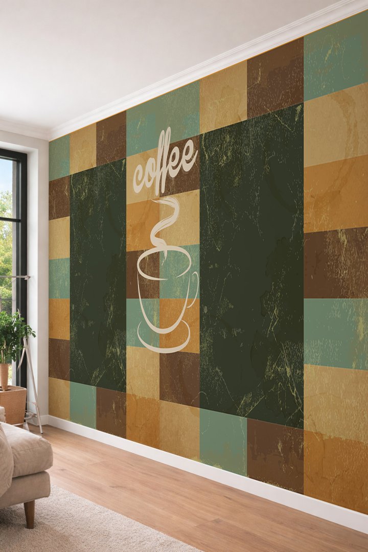 Dreamwall Coffee Yazılı Geometrik Desenli Tekstil Duvar Kağıdı - Kafe ve Ofis Dekoru