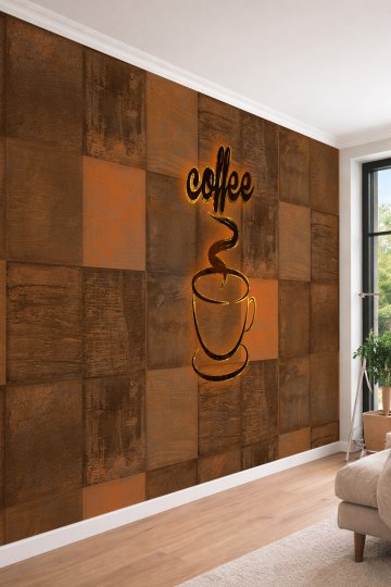Dreamwall Coffee Yazılı Işık Efektli Geometrik Desenli Tekstil Duvar Kağıdı Kafe ve Ofis Dekoru