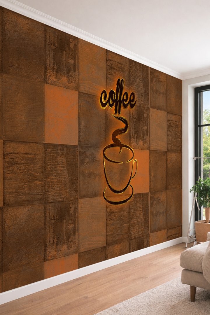 Dreamwall Coffee Yazılı Işık Efektli Geometrik Desenli Tekstil Duvar Kağıdı Kafe ve Ofis Dekoru