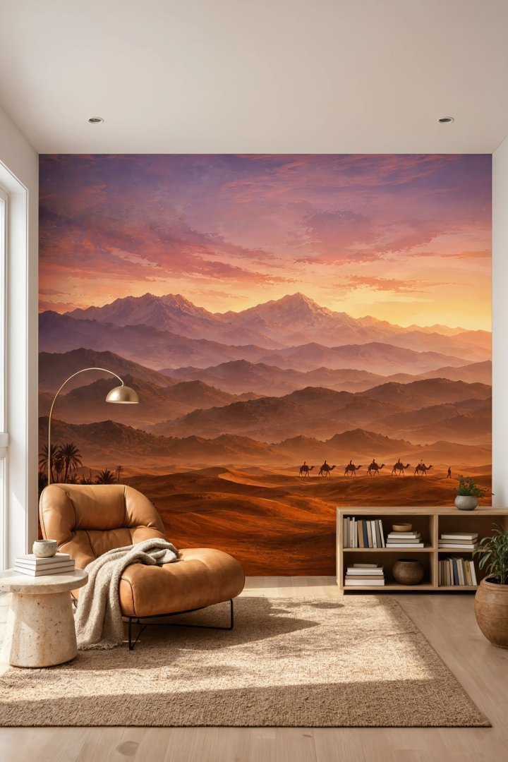 Dreamwall Çölün Sessiz Yolculuğu- Dağlar Çöl ve Kervan Desenli Tek Parça Tekstil Duvar Kağıdı