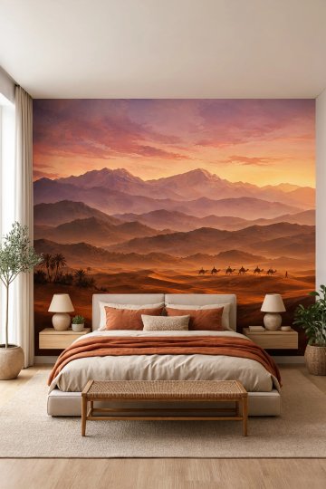 Dreamwall Çölün Sessiz Yolculuğu- Dağlar Çöl ve Kervan Desenli Tek Parça Tekstil Duvar Kağıdı küçük görsel 2