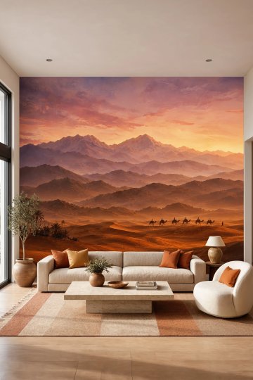 Dreamwall Çölün Sessiz Yolculuğu- Dağlar Çöl ve Kervan Desenli Tek Parça Tekstil Duvar Kağıdı küçük görsel 4