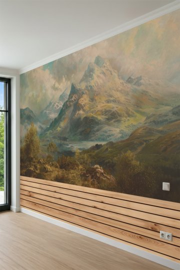 Dreamwall Dağ Manzaralı Ahşap Panel Desenli Tek Parça Tekstil Duvar Kağıdı