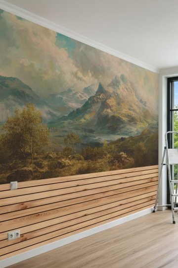 Dreamwall Dağ Manzaralı Ahşap Panel Desenli Tek Parça Tekstil Duvar Kağıdı küçük görsel 4