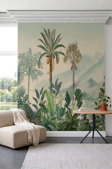 Dreamwall Dağ Manzaralı, Palmiye ve Tropikal Bitki Desenli Tek Parça Tekstil Duvar Kağıdı küçük görsel 2