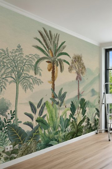 Dreamwall Dağ Manzaralı, Palmiye ve Tropikal Bitki Desenli Tek Parça Tekstil Duvar Kağıdı küçük görsel 1