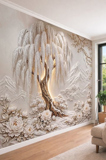 Dreamwall Dağ Manzaralı Salkım Ağaç Kabartması, Şakayık Çiçekleri ve Aydınlatmalı Tek Parça Tekstil Duvar Kağıdı  küçük görsel 2