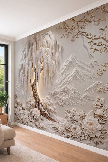 Dreamwall Dağ Manzaralı Salkım Ağaç Kabartması, Şakayık Çiçekleri ve Aydınlatmalı Tek Parça Tekstil Duvar Kağıdı  küçük görsel 4