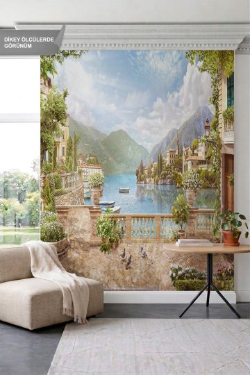 Dreamwall Dağlar ve Göl Manzaralı Çiçekli Teras Tek Parça Tekstil Duvar Kağıdı