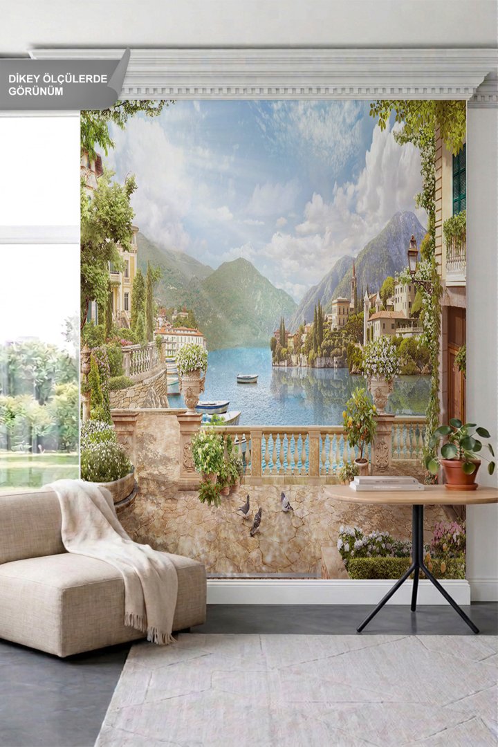 Dreamwall Dağlar ve Göl Manzaralı Çiçekli Teras Tek Parça Tekstil Duvar Kağıdı