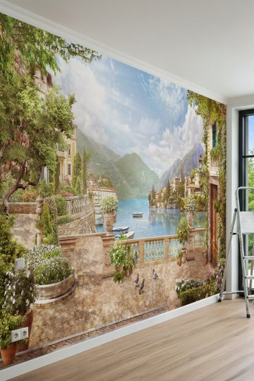 Dreamwall Dağlar ve Göl Manzaralı Çiçekli Teras Tek Parça Tekstil Duvar Kağıdı küçük görsel 2