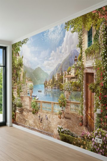 Dreamwall Dağlar ve Göl Manzaralı Çiçekli Teras Tek Parça Tekstil Duvar Kağıdı küçük görsel 3