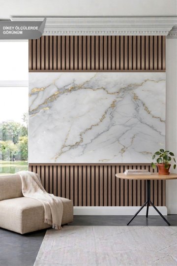 Dreamwall Damarlı Mermer Pano ve Dikey Ahşap Çıta Görünümlü Lüks Tek Parça Tekstil Duvar Kağıdı