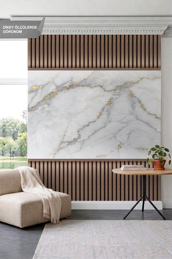 Dreamwall Damarlı Mermer Pano ve Dikey Ahşap Çıta Görünümlü Lüks Tek Parça Tekstil Duvar Kağıdı