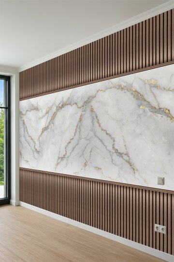 Dreamwall Damarlı Mermer Pano ve Dikey Ahşap Çıta Görünümlü Lüks Tek Parça Tekstil Duvar Kağıdı küçük görsel 3