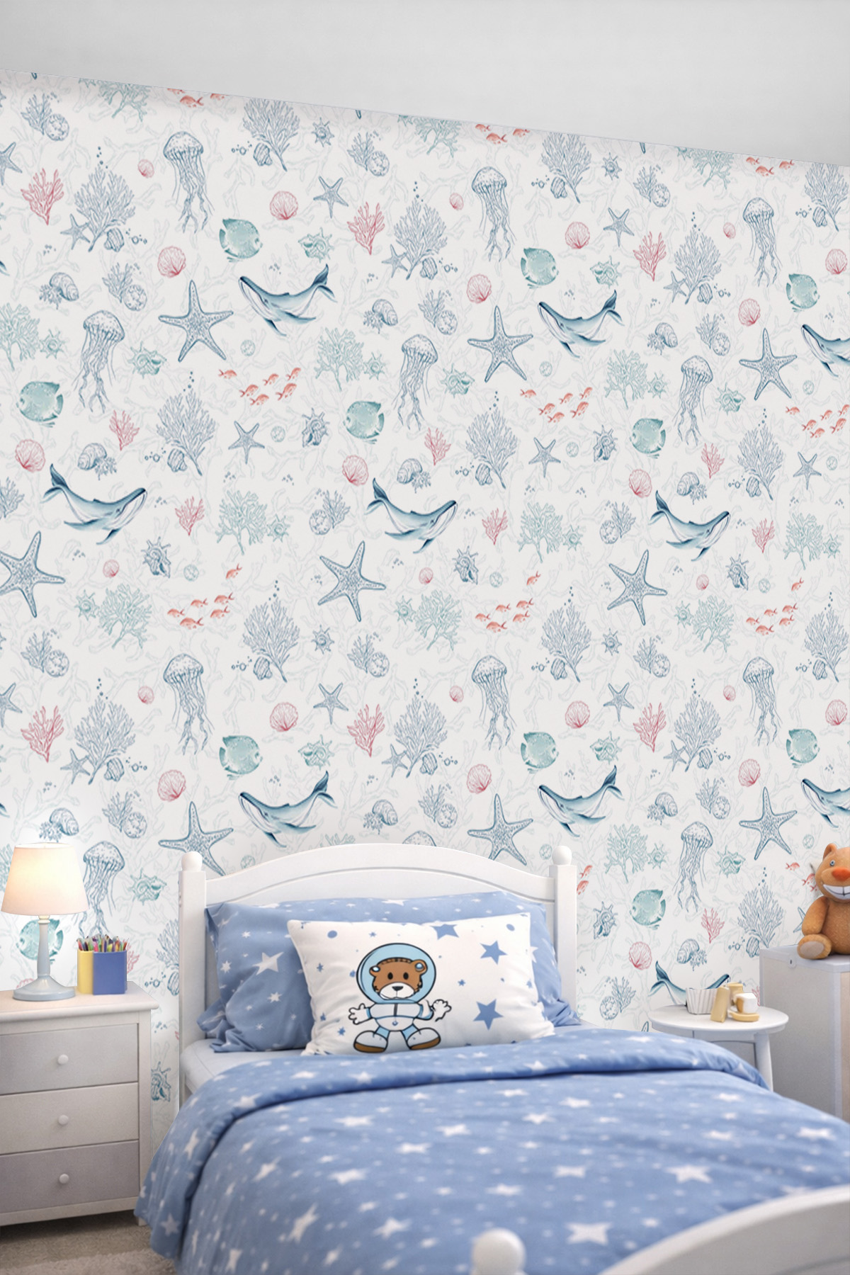 Dreamwall Deniz Altı Dünyası Balina ve Mercan Desenli Tek Parça Tekstil Duvar Kağıdı görsel 1
