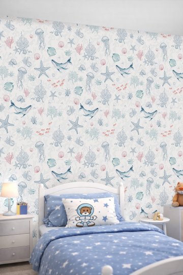 Dreamwall Deniz Altı Dünyası Balina ve Mercan Desenli Tek Parça Tekstil Duvar Kağıdı küçük görsel 1