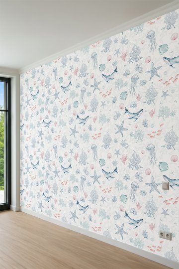 Dreamwall Deniz Altı Dünyası Balina ve Mercan Desenli Tek Parça Tekstil Duvar Kağıdı küçük görsel 3