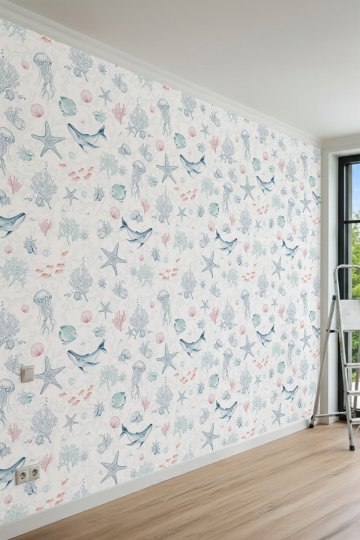 Dreamwall Deniz Altı Dünyası Balina ve Mercan Desenli Tek Parça Tekstil Duvar Kağıdı küçük görsel 4