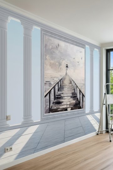 Dreamwall Deniz Feneri ve İskele Manzaralı Sütun Desenli Tek Parça Tekstil Duvar Kağıdı