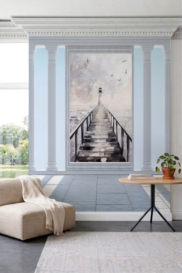 Dreamwall Deniz Feneri ve İskele Manzaralı Sütun Desenli Tek Parça Tekstil Duvar Kağıdı küçük görsel 2