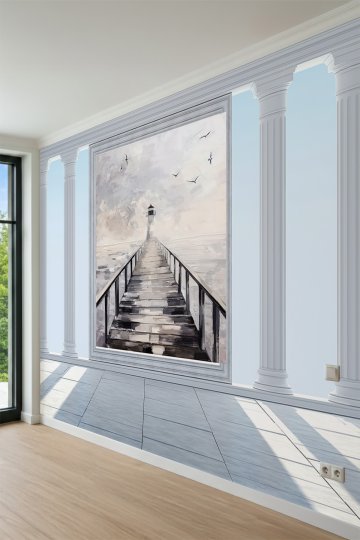 Dreamwall Deniz Feneri ve İskele Manzaralı Sütun Desenli Tek Parça Tekstil Duvar Kağıdı küçük görsel 3