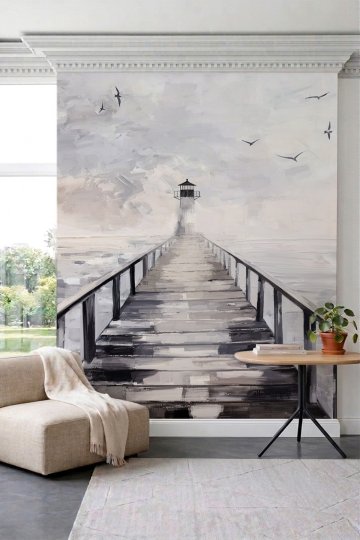 Dreamwall Deniz Feneri ve İskele Manzaralı Yağlı Boya Efektli Tek Parça Tekstil Duvar Kağıdı küçük görsel 1