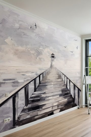 Dreamwall Deniz Feneri ve İskele Manzaralı Yağlı Boya Efektli Tek Parça Tekstil Duvar Kağıdı küçük görsel 2