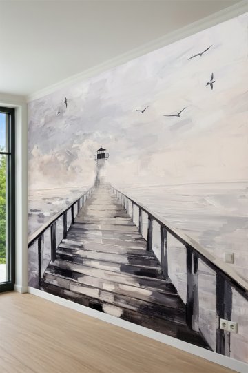 Dreamwall Deniz Feneri ve İskele Manzaralı Yağlı Boya Efektli Tek Parça Tekstil Duvar Kağıdı küçük görsel 3