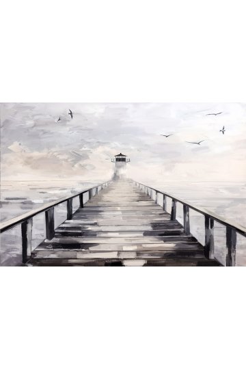Dreamwall Deniz Feneri ve İskele Manzaralı Yağlı Boya Efektli Tek Parça Tekstil Duvar Kağıdı küçük görsel 4
