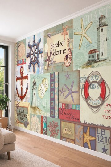 Dreamwall Deniz ve Sahil Temalı Dekoratif Kolaj Marin Desenli Tek Parça Tekstil Duvar Kağıdı