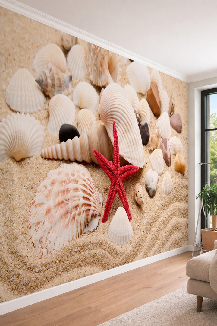 Dreamwall Deniz Yıldızı ve İstiridye Kabukları Kumsal- Tek Parça Tekstil Duvar Kağıdı