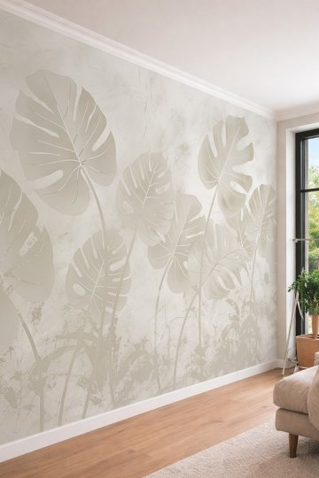 Dreamwall Dev Monstera Yaprak Desenli Modern Mermer Efektli Tek Parça Tekstil Duvar Kağıdı