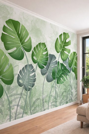 Dreamwall Dev Monstera Yaprak Desenli Modern Yeşil ve Beyaz Tonlu Tek Parça Tekstil Duvar Kağıdı