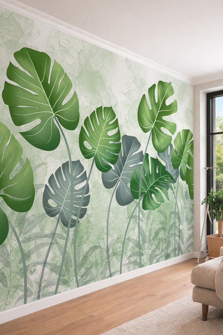 Dreamwall Dev Monstera Yaprak Desenli Modern Yeşil ve Beyaz Tonlu Tek Parça Tekstil Duvar Kağıdı
