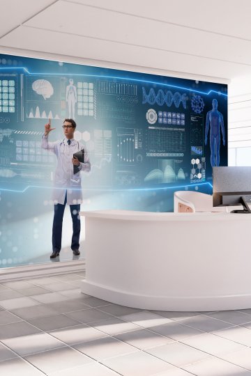 Dreamwall Dijital Veri Paneli ve Doktor Figürlü Tıp Teknolojisi Temalı Tekstil Duvar Kağıdı
