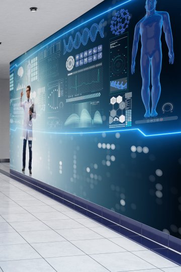 Dreamwall Dijital Veri Paneli ve Doktor Figürlü Tıp Teknolojisi Temalı Tekstil Duvar Kağıdı küçük görsel 2