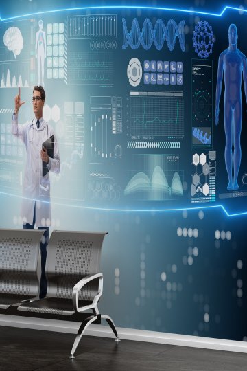Dreamwall Dijital Veri Paneli ve Doktor Figürlü Tıp Teknolojisi Temalı Tekstil Duvar Kağıdı küçük görsel 3